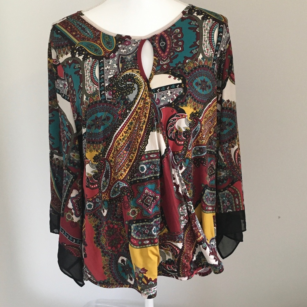 Paisley Keyhole Long-Sleeve Blouse - Multi